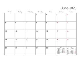 planejador de calendário simples de junho de 2023, a semana começa a partir de segunda-feira. vetor