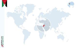 mapa-múndi azul com ampliação na Jordânia. vetor