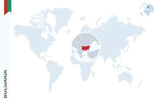 mapa-múndi azul com ampliação na bulgária. vetor