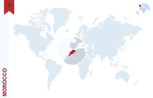 mapa-múndi azul com ampliação em Marrocos. vetor