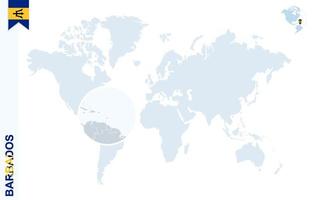 mapa-múndi azul com ampliação em barbados. vetor
