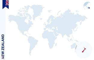 mapa-múndi azul com ampliação na Nova Zelândia. vetor