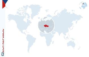 mapa-múndi azul com ampliação na república checa. vetor