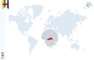 mapa-múndi azul com ampliação na república centro-africana. vetor