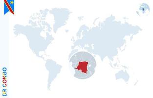 mapa-múndi azul com ampliação na república democrática do congo. vetor