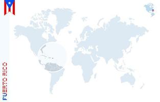 mapa-múndi azul com ampliação em porto rico. vetor