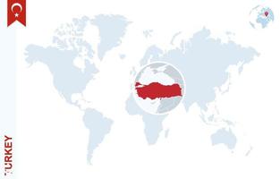 mapa-múndi azul com ampliação na turquia. vetor