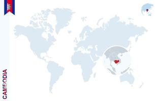 mapa-múndi azul com ampliação no Camboja. vetor