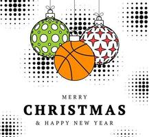 cartão de natal de basquete em estilo de linha moderno. feliz natal e feliz ano novo contorno banner de esportes dos desenhos animados. bola de basquete como uma bola de natal em fundo branco. ilustração vetorial. vetor