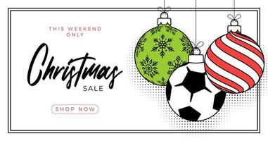 cartão de saudação de natal de futebol em estilo de linha moderno. feliz natal e feliz ano novo contorno banner de esportes dos desenhos animados. bola de futebol como uma bola de natal em fundo branco. ilustração vetorial. vetor