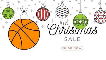 cartão de natal de basquete em estilo de linha moderno. feliz natal e feliz ano novo contorno banner de esportes dos desenhos animados. bola de basquete como uma bola de natal em fundo branco. ilustração vetorial. vetor