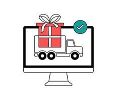 presentes de entrega de trenó do papai noel on-line. compras de natal em casa usando um serviço de entrega vetor