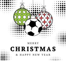 cartão de saudação de natal de futebol em estilo de linha moderno. feliz natal e feliz ano novo contorno banner de esportes dos desenhos animados. bola de futebol como uma bola de natal em fundo branco. ilustração vetorial. vetor