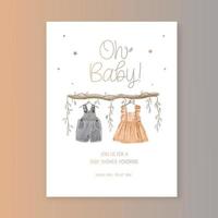 convite de chá de bebê cottagecore floral empoeirado rústico e cartão de feliz aniversario com roupa de bebê bonito em aquarela. vetor