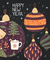 Vector cartão de felicitações moderno com ilustração colorida de desenho de mão de brinquedos para árvores de Natal. use-o como convite, cartão postal, pôster, banner, panfleto, capa, cartaz, folheto e outro design gráfico