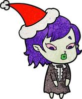 bonito desenho texturizado de uma garota vampira usando chapéu de papai noel vetor