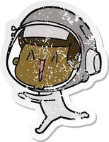 adesivo angustiado de um astronauta de desenho animado feliz correndo vetor