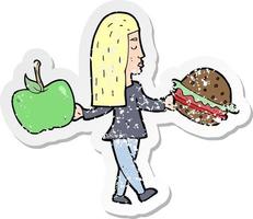 adesivo retrô angustiado de uma mulher de desenho animado decidindo comer saudável vetor
