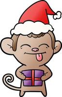 desenho de gradiente engraçado de um macaco com presente de natal usando chapéu de papai noel vetor