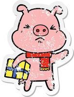 adesivo angustiado de um porco bravo de desenho animado com presente de natal vetor