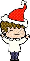 ilustração de estilo de quadrinhos de um menino feliz usando chapéu de papai noel vetor