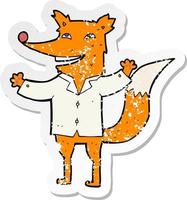 adesivo retrô angustiado de uma raposa feliz de desenho animado vestindo camisa vetor