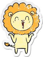 vinheta angustiada de um desenho animado de leão rindo encolhendo os ombros vetor