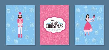 conjunto de cartões de natal com quebra-nozes e bailarina com letras em estilo infantil de desenho animado, cartão postal imprimível para crianças, modelos para férias de natal vetor