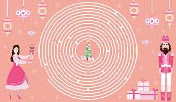 labirinto de círculo de natal com personagem de quebra-nozes e bailarina, ajuda a encontrar o caminho certo para a árvore de natal, planilha lógica imprimível para crianças para férias de inverno em fundo rosa vetor
