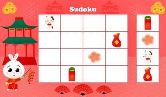 jogo de sudoku para crianças com coelho fofo em traje tradicional chinês e segurando fogos de artifício, planilha lógica vetor