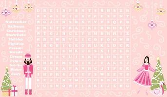 jogo de busca de palavras de natal para crianças com personagem de quebra-nozes e bailarina com véspera de natal em fundo rosa vetor