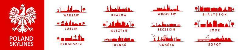 coleção de skylines polonesas, grande pacote de cidades na polônia, europa oriental, szczecin, cracóvia, wroclaw, lublin, olsztyn, varsóvia, bydgoszcz, poznan, gdansk, lodz, sopot, bialystok vetor