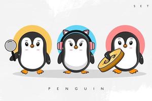 3 personagens de pinguim fofos segurando uma lupa, segurando uma moeda de dólar, usando um fone de ouvido rosa, vetor eps 10