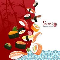 conjunto de comida tradicional japonesa de sushi com ilustração vetorial de tipo diferente texto japonês significa cozinha japonesa de sushi vetor