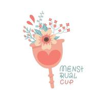 copo menstrual isolado com flores e folhas. proteção ecológica para mulheres em dias críticos. ilustração em vetor plana mão desenhada sobre fundo branco.