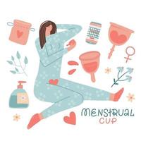 conjunto com copo menstrual para período mensal feminino, menina segurando copo, bolso têxtil e sabonete líquido em garrafa. ilustração vetorial de mão plana desenhada. eco amigável. desperdício Zero. vetor