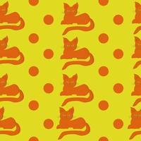 padrão sem costura de gatos e pontos laranja, gatos brilhantes e pontos em linhas verticais em um fundo amarelo vetor