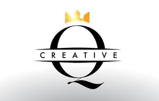 logotipo da letra q com ícone de design de coroa criativa e vetor de cores douradas