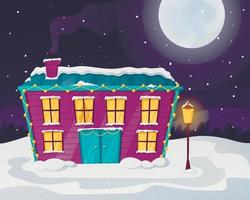 noite natal paisagem de inverno com lua e queda de neve. uma casa aconchegante com luz nas janelas, cheia de neve e montes de neve. vetor