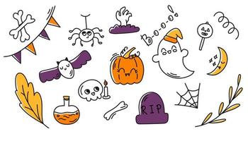 conjunto de vetores de doodle de halloween. fantasma fofo, teia de aranha, abóbora, caveira e folhas de outono