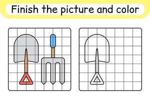 complete a forquilha e a pá da imagem. copie a imagem e a cor. terminar a imagem. livro de colorir. jogo de exercício de desenho educacional para crianças vetor
