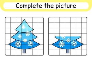 complete a imagem da árvore de natal. copie a imagem e a cor. terminar a imagem. livro de colorir. jogo de exercício de desenho educacional para crianças vetor