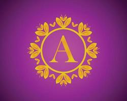 alfabeto um design de logotipo de luxo com gradação de cor dourada e círculo de folha de ouro adequado para banho, hotel, beleza e higiene. contra um fundo de veludo violeta. vetor