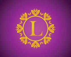 alfabeto l design de logotipo de luxo com gradação de cor dourada e círculo de folha de ouro adequado para banho, hotel, beleza e higiene. contra um fundo de veludo violeta. vetor