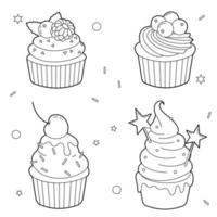 conjunto de quatro cupcakes de contorno. ilustração em preto e branco para livro de colorir crianças, elementos de design vetor