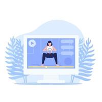 treinamento de fitness online, mulher fazendo agachamento, treino, ilustração vetorial vetor