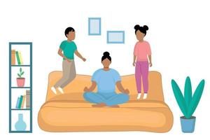 família indiana em casa, mãe sentada no sofá em posição de lótus, ignorando crianças pulando ao lado dela, vetor plano, ilustração sem rosto