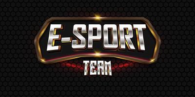 Efeito de texto do logotipo da equipe de e-sports 3d com emblema dourado e fundo hexagonal escuro vetor