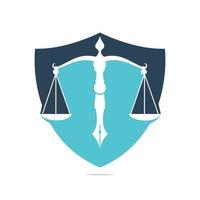 vetor de logotipo de lei com equilíbrio judicial simbólico da escala de justiça em uma ponta de caneta. vetor de logotipo para direito, tribunal, serviços de justiça e empresas.