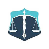 vetor de logotipo de lei com equilíbrio judicial simbólico da escala de justiça em uma ponta de caneta. vetor de logotipo para direito, tribunal, serviços de justiça e empresas.